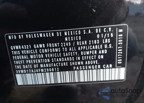 2015 Volkswagen Jetta 1.8T Se из США, поврежденный, VIN 3VWD17AJ4FM290812